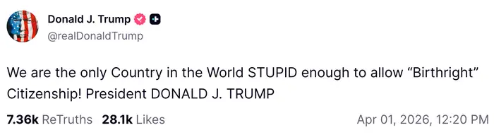 Et innlegg i sosiale medier angivelig fra Donald Trump som kritiserer fødselsrettsborgerskap 1. april 2026, med engasjementmålinger notert
