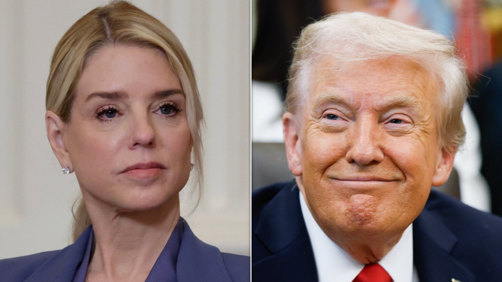 En kvinne med et alvorlig uttrykk, hår bundet tilbake, og en mann som smiler, iført dress og slips, i formelle omgivelser