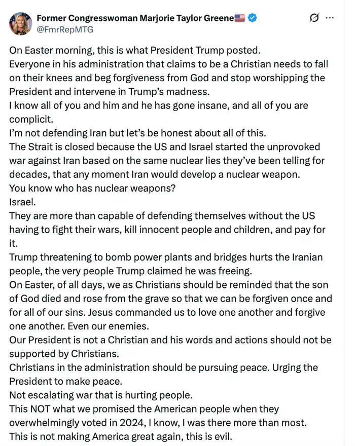 Sammendrag av Marjorie Taylor Greenes innlegg: Hun støtter Trump, forsvarer administrasjonen hans som kristen, kritiserer krig og understreker USAs behov for Gud