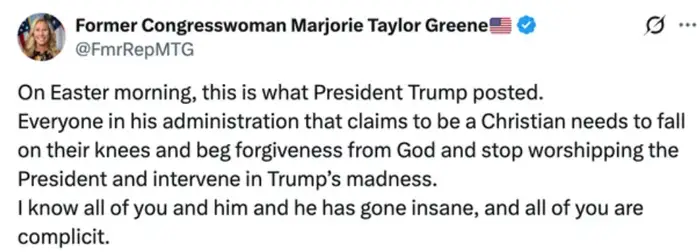 Tweet av Marjorie Taylor Greene som kritiserer et innlegg fra president Trump og ber om inngripen i oppførselen hans