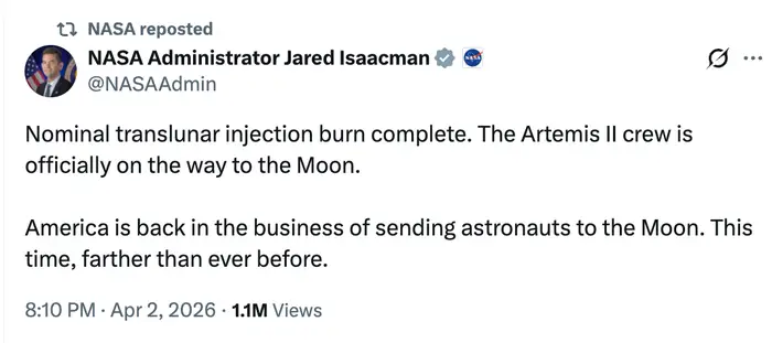 NASA tweet kunngjør Artemis II på vei til månen, og markerer USAs fornyede måneoppdrag