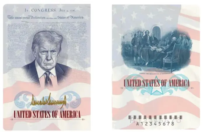 Bilde av falske amerikanske sedler med et portrett av en uidentifisert mann og et historisk maleri