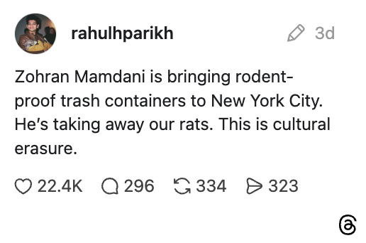 Innlegg på sosiale medier av rahulhparikh om Zohra Mamdanis gnagersikre søppelcontainere i NYC, og kaller det spøkefullt 