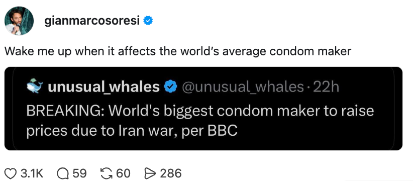 Tweet om verdens største kondomprodusent som øker prisene på grunn av Iran-krigen; kommentator sarkastisk uinteressert i nyhetene