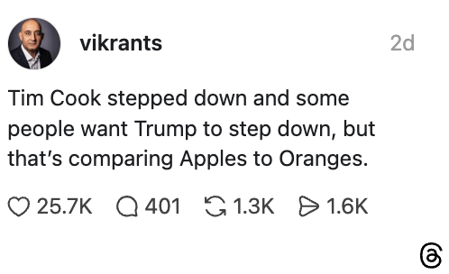 Sosiale medier-innlegg som sammenligner ideen om at Tim Cook går av med Trump som går av, og sier at det er å sammenligne epler med appelsiner