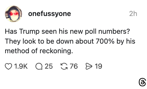 Sosiale medier-poster som på humoristisk vis stiller spørsmål ved Trumps meningsmålingstall, og sier at de er ned 700 % etter hans regning, med engasjementsstatistikk nedenfor