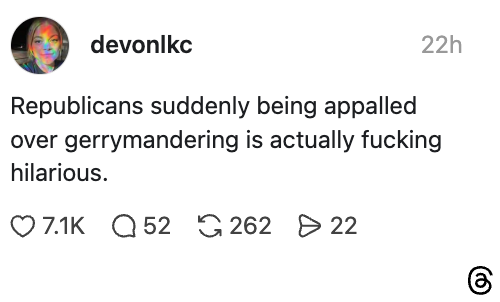 Sosiale medier-poster som kommenterer at republikanere plutselig ble forferdet over gerrymandering, og bemerker det som humoristisk