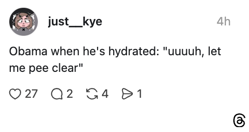 Sosiale medier-innlegg av brukeren just__kye med humoristisk tekst om Obama og hydrering