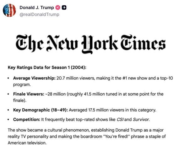Sammendrag av New York Times-artikkelen om nøkkelvurderingsdata for sesong 1, 2004. Høydepunkter inkluderer gjennomsnittlig seertall, finaleseere og demografi