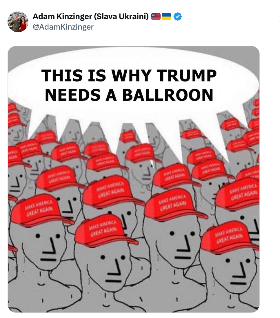 Illustrasjon av identiske grå figurer iført "Make America Great Again" hatter. Teksten lyder: "Dette er grunnen til at Trump trenger en ballsal."