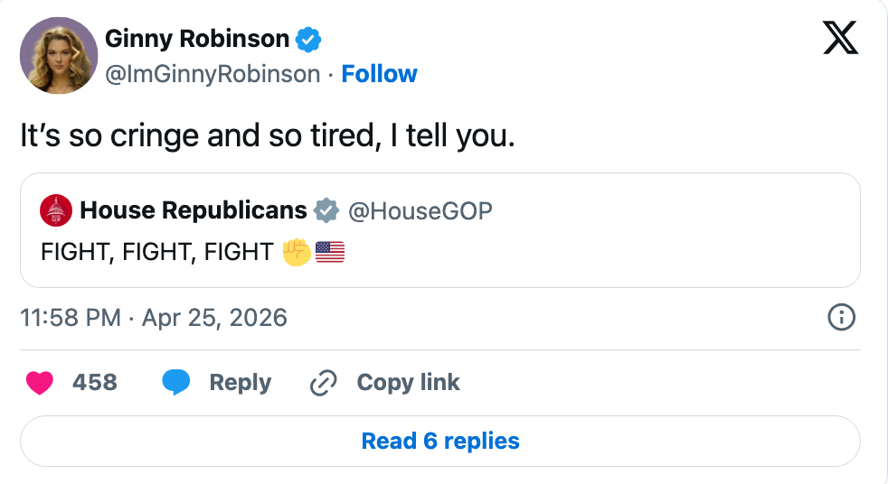 Tweet av Ginny Robinson som svarer på House Republicans' tweet "KJEMPE, KJEMPE, KAMP" med "Det er så cringe og så sliten, sier jeg deg."