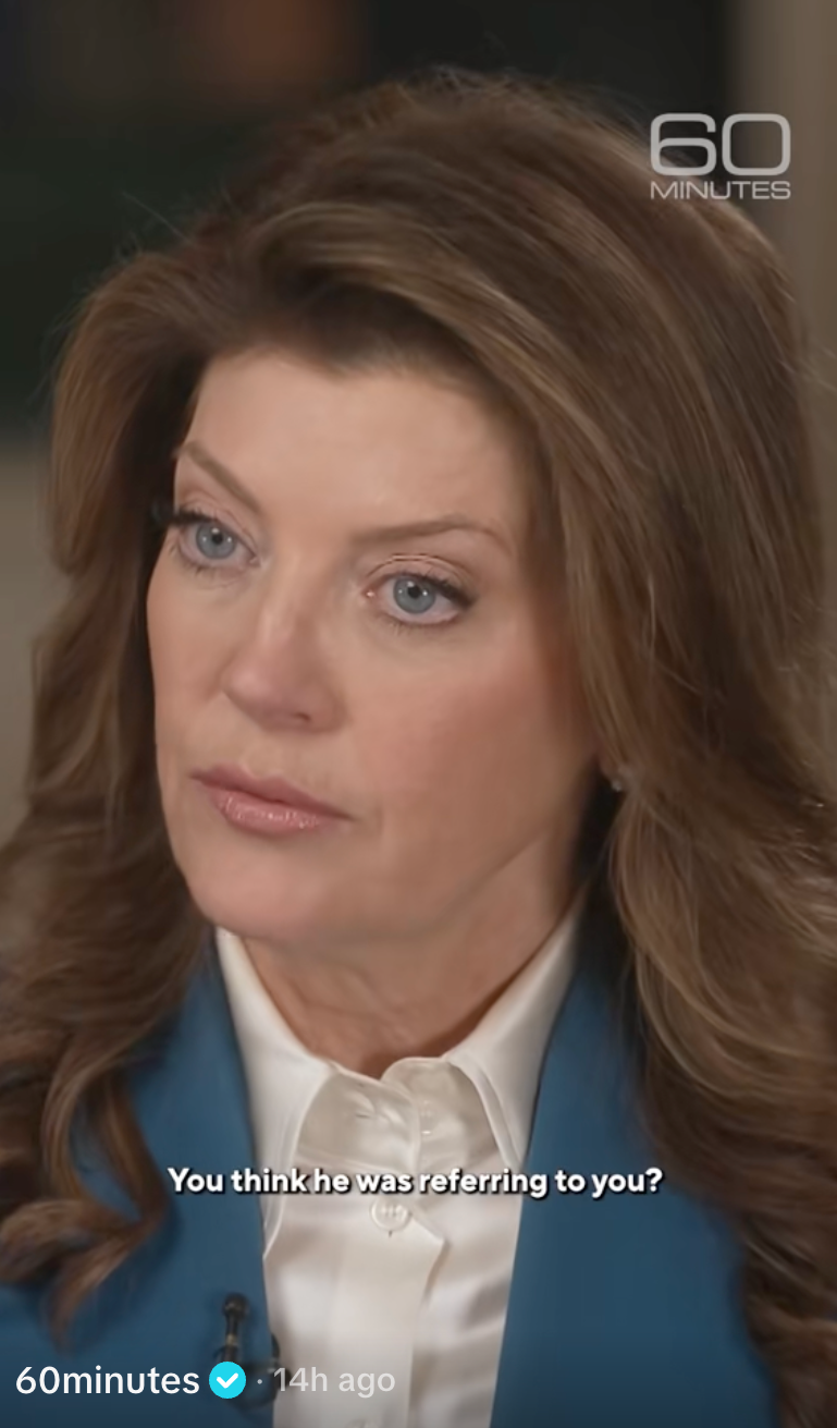 En person som blir intervjuet på "60 Minutes" med teksten "Du tror han refererte til deg?" vises på skjermen