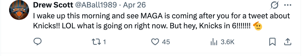 Tweet som uttrykker overraskelse over å ha fått oppmerksomhet fra "MAGA" over et Knicks-relatert innlegg, etterfulgt av støtte til Knicks