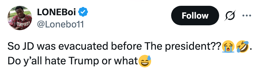 Tweet med spørsmål om JD ble evakuert før presidenten, med emojier som indikerer latter og vantro