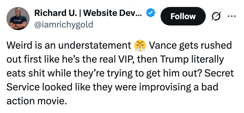 Sammendrag av en tweet som beskriver en uvanlig situasjon der noen som heter Vance blir prioritert fremfor Trump, og lar Secret Service improvisere vanskelig