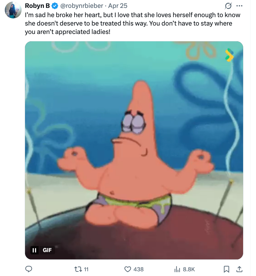 Animert karakter Patrick Star klapper på Twitter-innlegg. Tekst diskuterer egenverd og å forlate unappreciable situasjoner