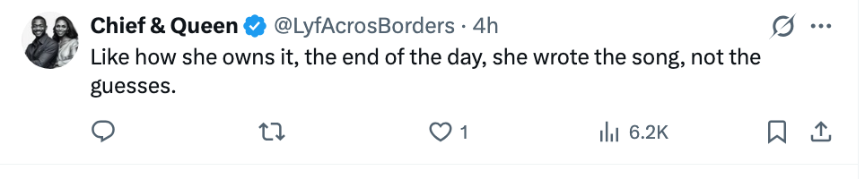 Tweet fra Chief & Queen: "Som hvordan hun eier den, på slutten av dagen, hun skrev sangen, ikke gjetningene."
