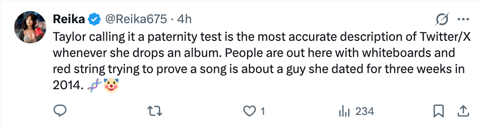 Tweet diskuterer humoristisk hvordan Taylor Swift gir ut et album vekker spekulasjoner om hennes tidligere forhold