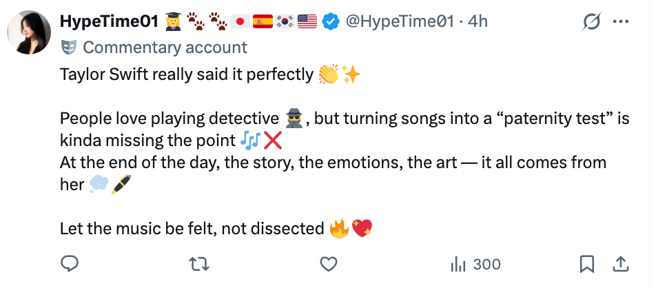 Tweet som diskuterer Taylor Swifts musikk, og understreker at fokus på sangens mening fremfor følelsesmessig påvirkning går glipp av poenget