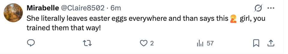 Tweet av Mirabelle: "Hun legger bokstavelig talt igjen påskeegg overalt og sier dette ?♂️ jente, du trente dem på den måten!"