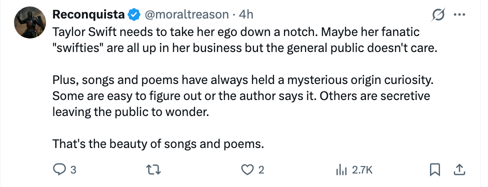 Tweet som kritiserer Taylor Swifts ego og diskuterer offentlig interesse for sanger og dikt' mystisk opprinnelse