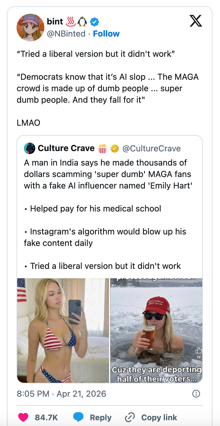 Skjermbilde av en tweet som spøkefullt refererer til å bruke en falsk identitet til svindelsupportere, med humoristisk tekst og bilder av en kvinne i badedrakt