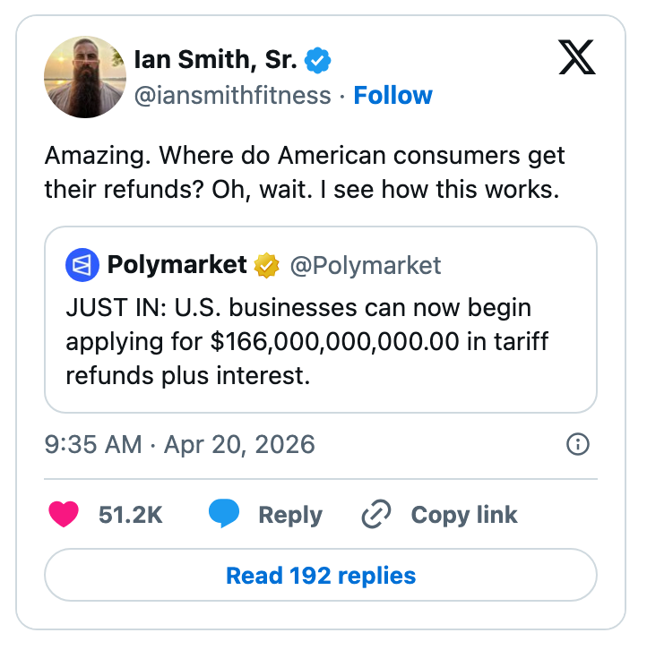 Tweet av Ian Smith Sr. kommenterer et Polymarket-innlegg om amerikanske bedrifter som søker om 166 milliarder dollar i tollrefusjon pluss renter. 