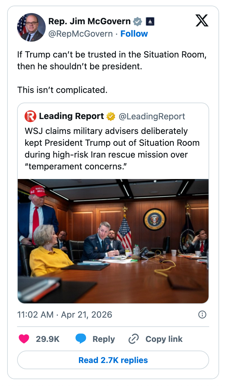 Tweet av representant Jim McGovern som stiller spørsmål ved Trumps tilstedeværelse i Situation Room; Nyhetsrapport om militærrådgivere som ekskluderer Trump fra oppdrag