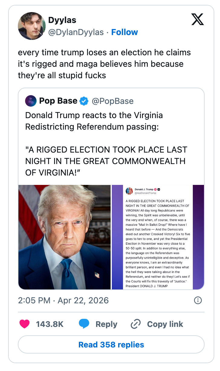 En tweet som reagerte på Trumps svar på et valg i Virginia, og hevdet at det var manipulert. Brukeren kritiserer Trump-tilhengere' tro på slike påstander