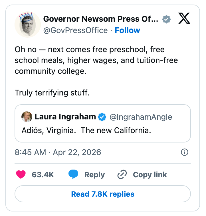 Guvernør Newsom svarer sarkastisk på en tweet om Californias retningslinjer, og viser fordeler som gratis førskole og skolepengerfri college