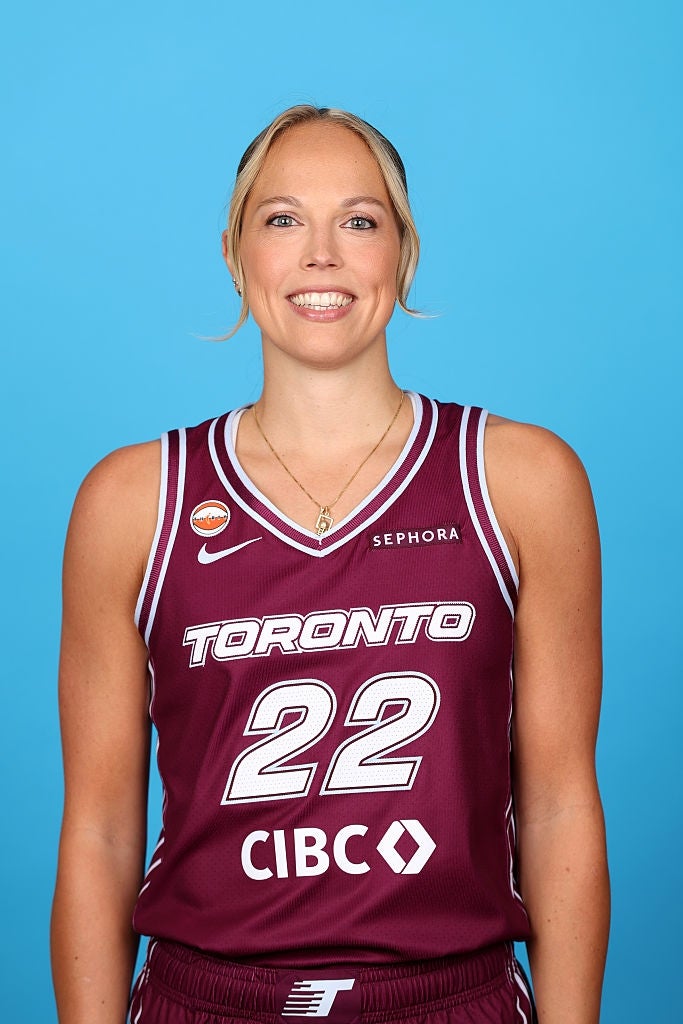 Basketballspiller i Toronto-trøye, nummer 22, smilende mot et vanlig bakteppe