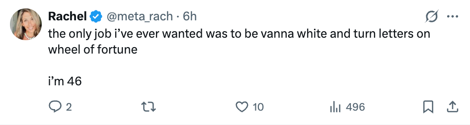 Tweet av brukeren "Rachel" tuller med å ville være Vanna White på 
