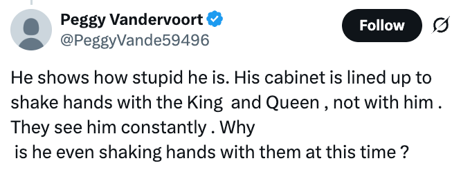 Tweet spør hvorfor en mann håndhilser på kongen og dronningen når kabinettet hans er ment å gjøre det