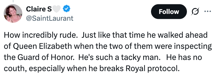 Tweet som kritiserer en mann for å være frekk ved å gå foran dronning Elizabeth og bryte den kongelige protokollen