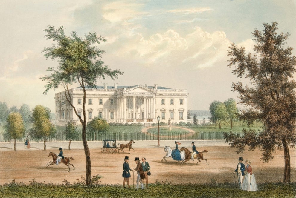 Historisk illustrasjon av Det hvite hus med folk som rir og går i forgrunnen