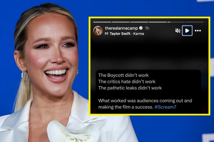 Person som smiler på arrangementet; overleggstekst fremhever et innlegg som viser publikumsstøtte for en films suksess til tross for kritikk og boikott