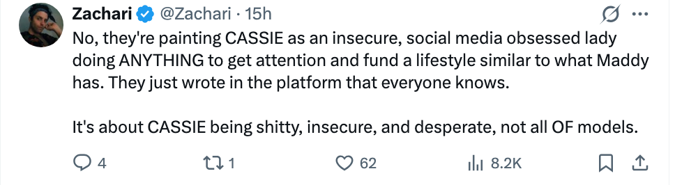 En tweet som diskuterer fremstillingen av en karakter ved navn Cassie som usikker og besatt av sosiale medier, og understreker at den ikke er representativ for alle modeller