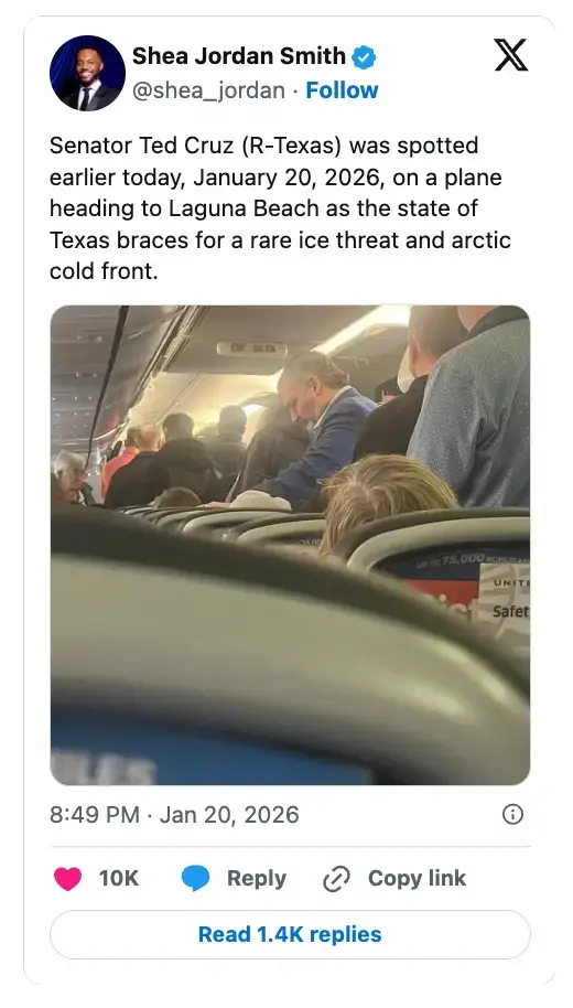 Tweet som viser senator Ted Cruz på et fly, datert 20. januar 2026, som nevner en sjelden istrussel i Texas