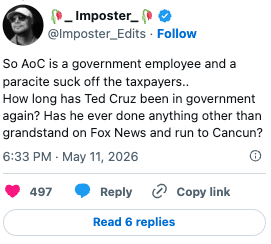 Tweet som diskuterer statsansatte, kritiserer Ted Cruz for hans handlinger på kontoret og nevner Fox News-opptredenene hans og Cancun-turen