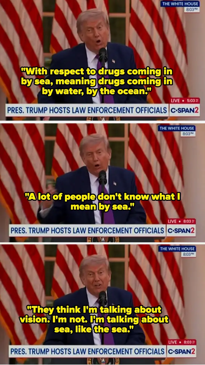 Tre bilder av en tale: diskuterer narkotikasmugling til sjøs, klargjøring av begrepet «sjø»," and emphasizing it means the ocean, not vision