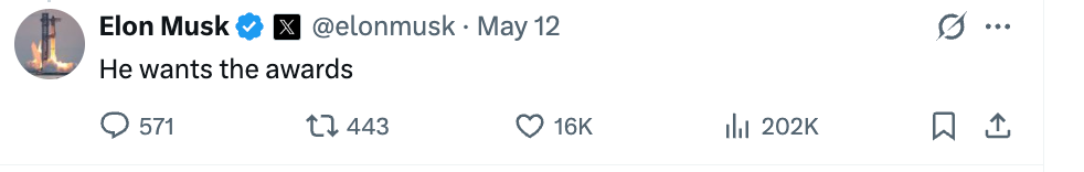 Tweet fra Elon Musk: "Han vil ha prisene" med 202 000 likes og 16 000 retweets