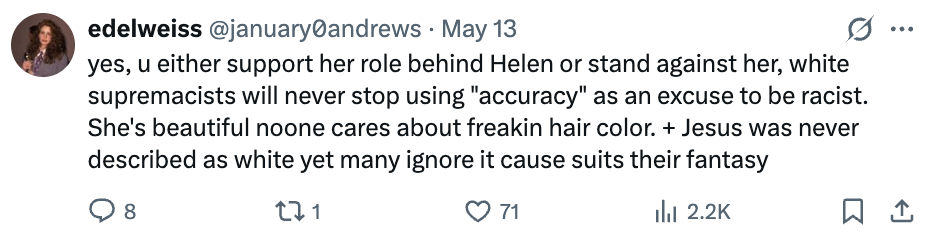 Tweet diskuterer støtte til Helen mens han kritiserer bruken av