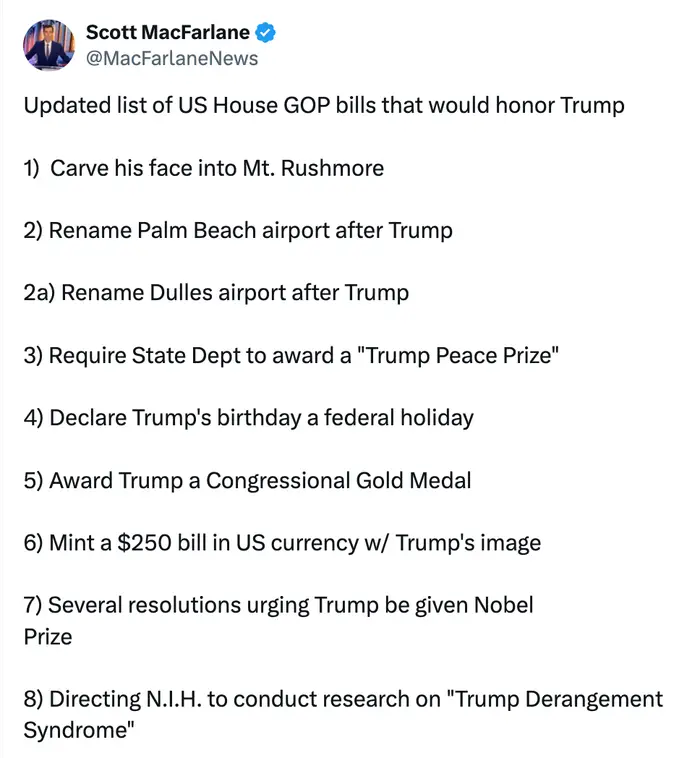 Tweet som viser 8 foreslåtte lovforslag fra US House GOP for å hedre Trump, inkludert omdøp til flyplasser, en fredspris og forskning på 