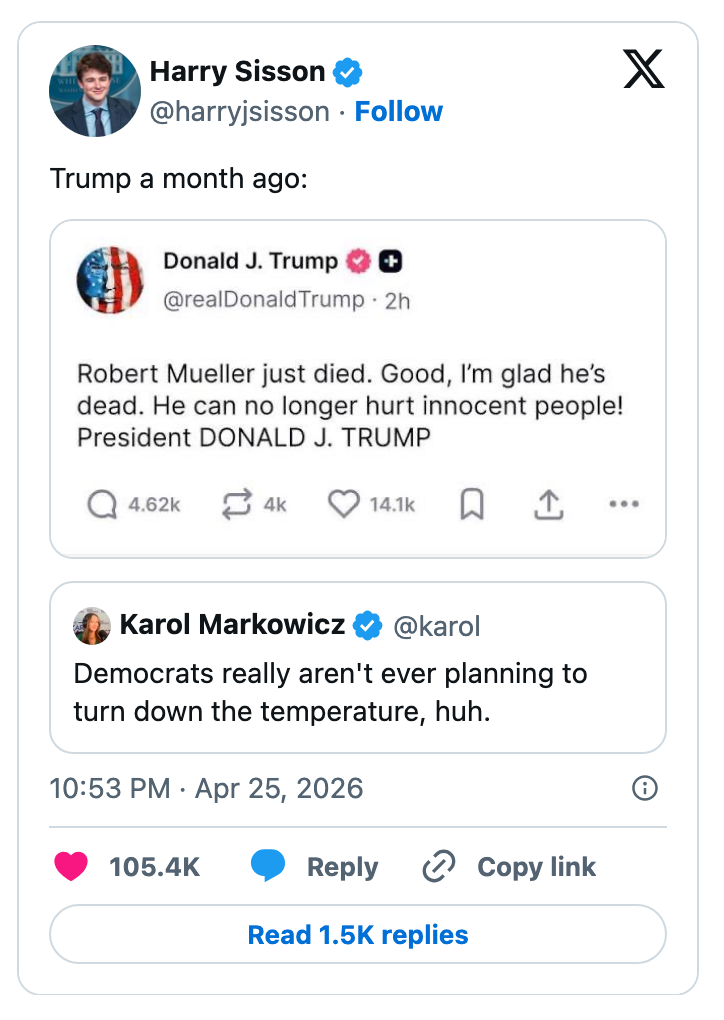 Tweet-skjermbilde viser en fabrikkert tweet fra Donald Trump om Robert Mueller, kritisert av et innlegg fra Karol Markowicz