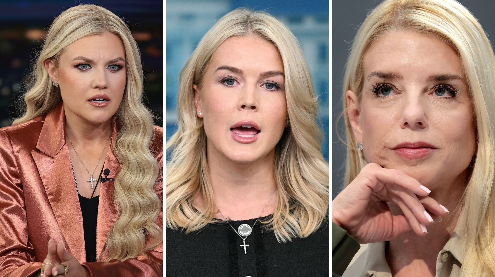 Tre kvinner med langt, blondt hår blir sett snakke eller posere i split-shot-bilder, hver iført moderne, profesjonelle antrekk med krysskjeder