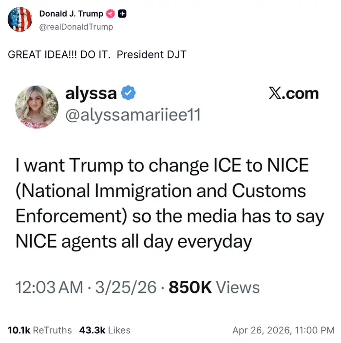 Tweet av Donald J. Trump som støtter en tweet som foreslår å endre ICE til NICE for mediedekning
