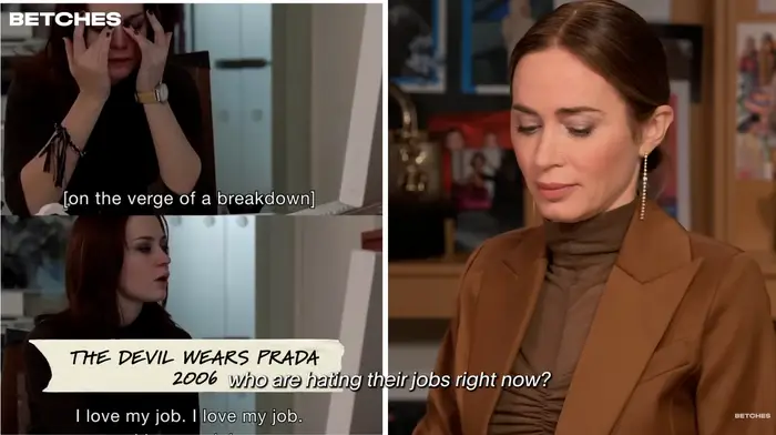Delt bilde: En kvinne på randen av tårer og en skuespiller fra "The Devil Wears Prada," 2006. Tekst: "Hvem hater jobbene sine akkurat nå? Jeg elsker jobben min."