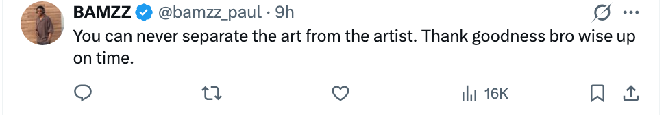 Tweet fra brukeren BAMZZ: "Du kan aldri skille kunsten fra kunstneren. Takk og lov bro vis opp i tide."
