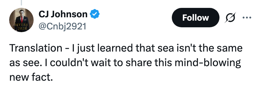 Tweet som fleiper om å lære forskjellen mellom "hav" og "se."