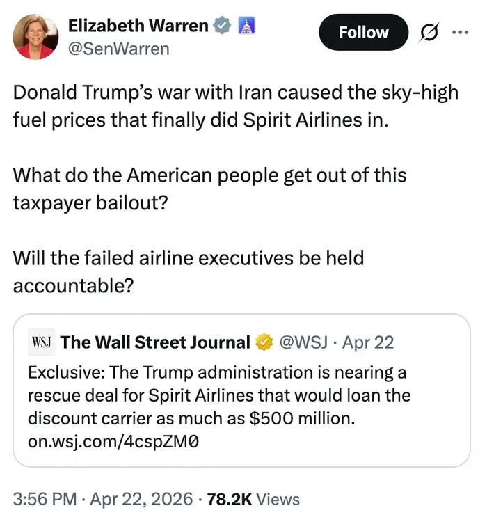 Tweet av Elizabeth Warren som stiller spørsmål ved en skattebetalers redningsaksjon for flyselskapsledere etter Trumps handlinger med Iran økte drivstoffprisene